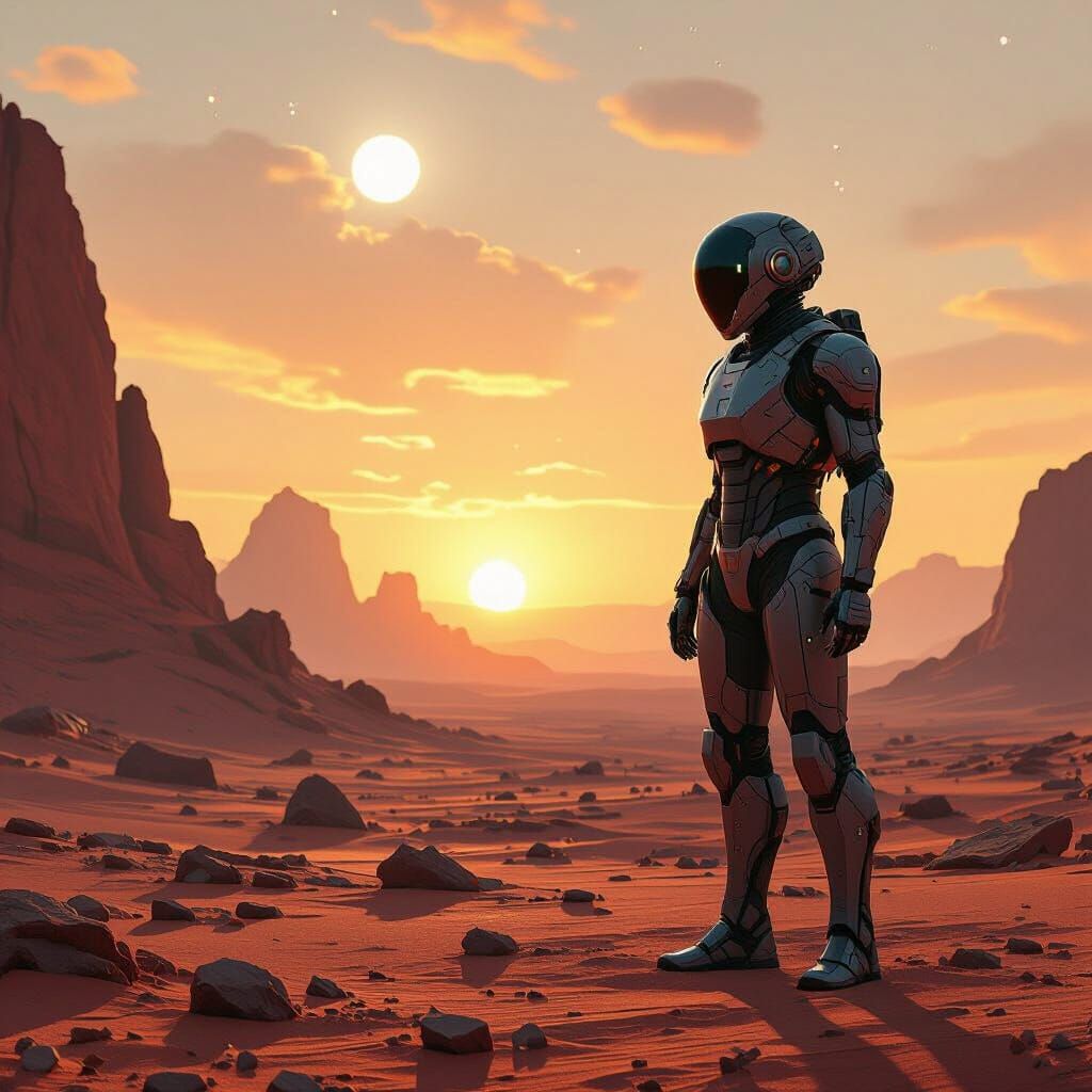 Android on Red Planet with Binary Sunset