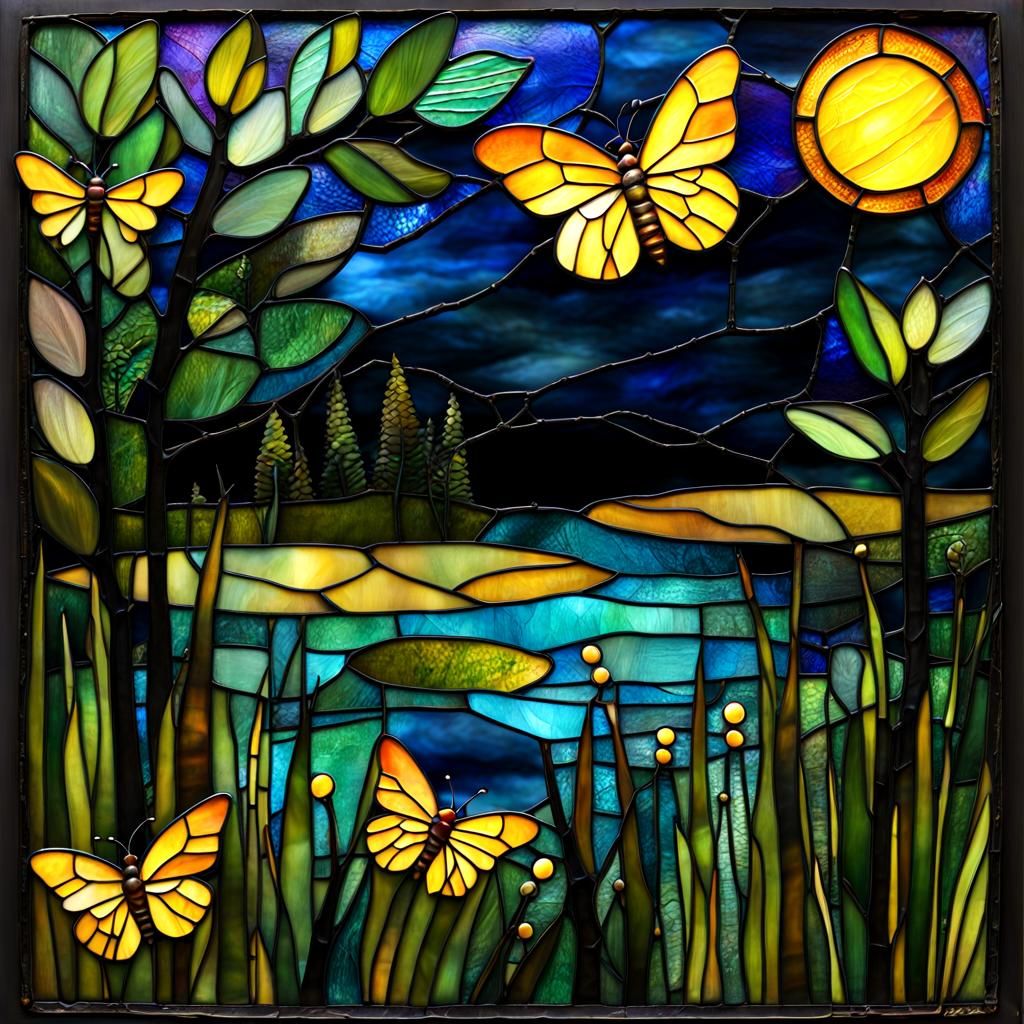 Stained Glass Art with Fireflies and Moon
