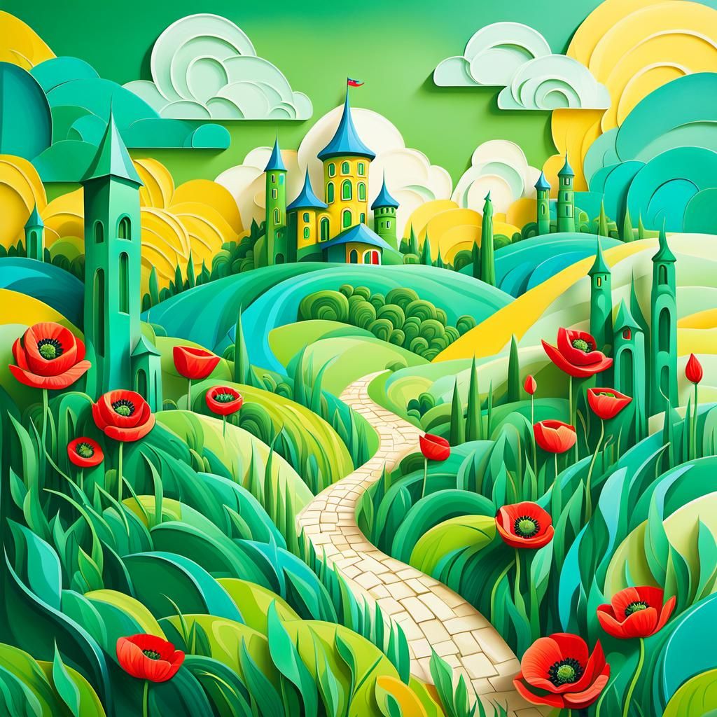 Emerald Castle Landscape in Cut Paper Style