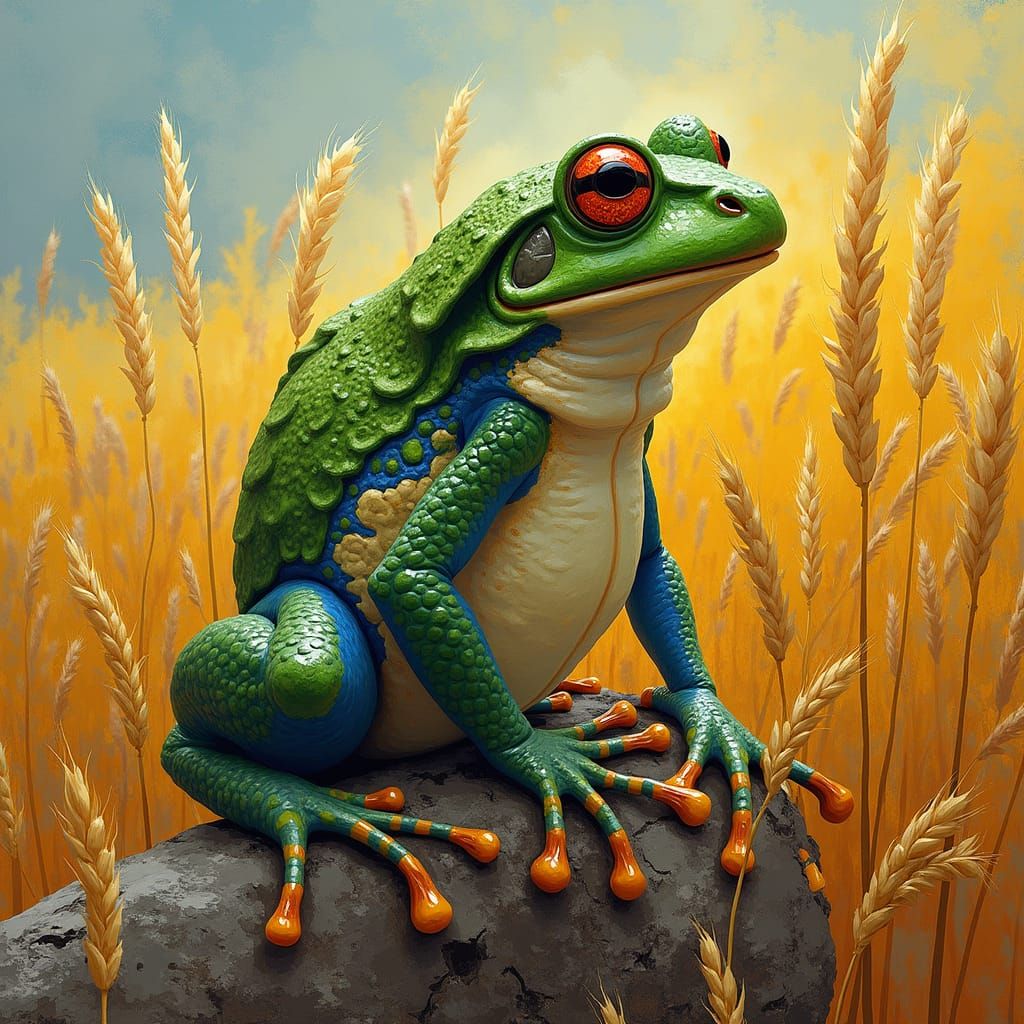 Majestic King Frog Reigns Over Golden Wheat in Vibrant Van G...