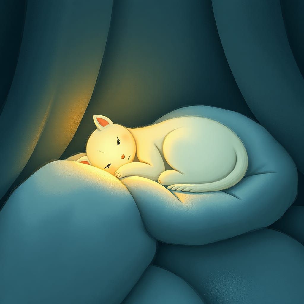 Sleeping Lamp on a Bed in Children's Book Style