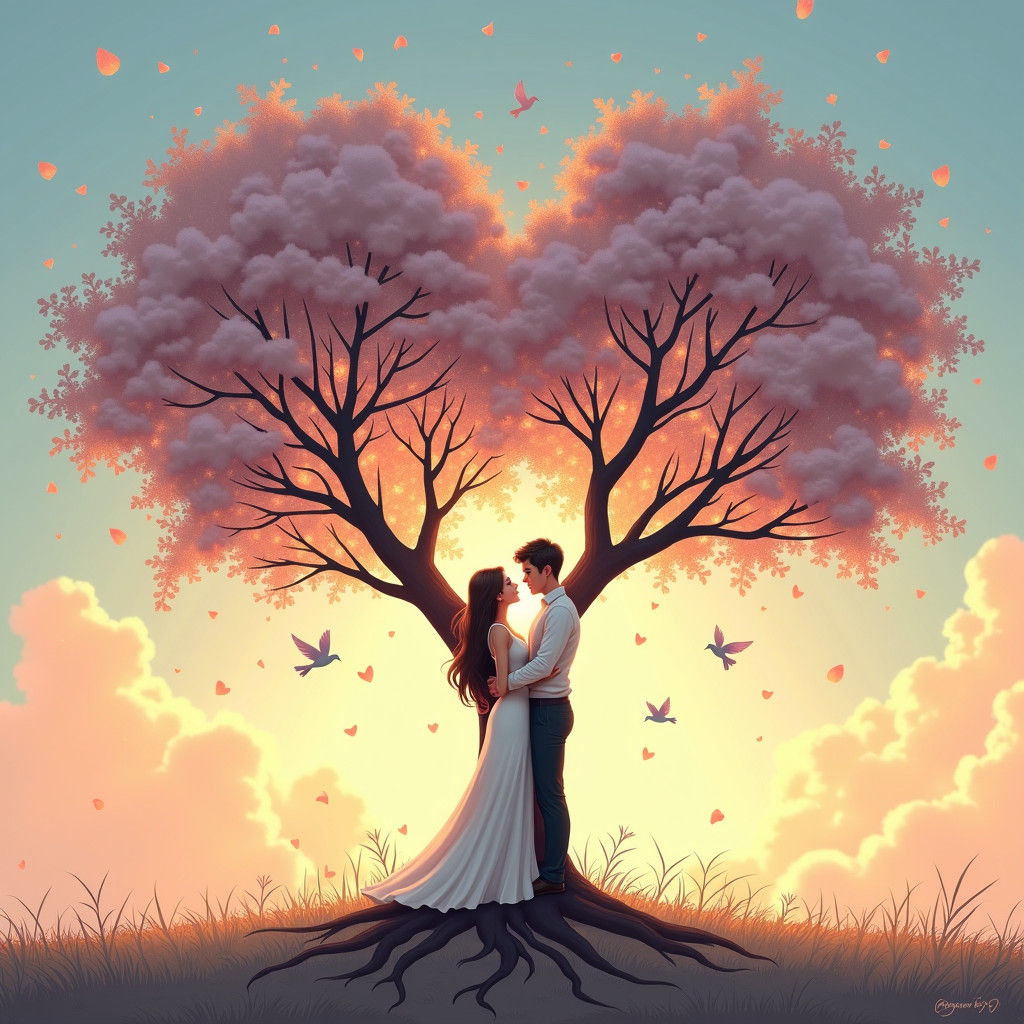 Romantic Couple Embrace Under Heart-Shaped Tree