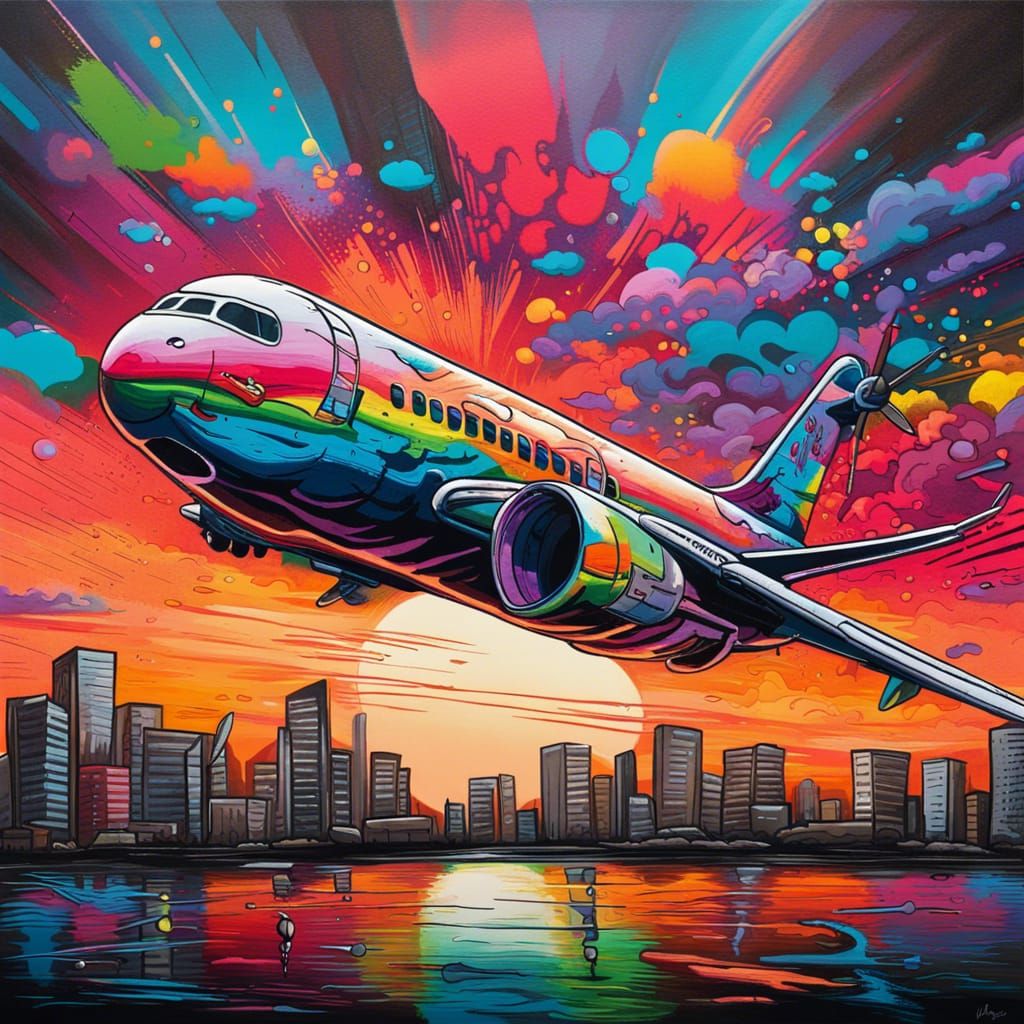 Trippy Sunset Airplane in Graffiti Street Art