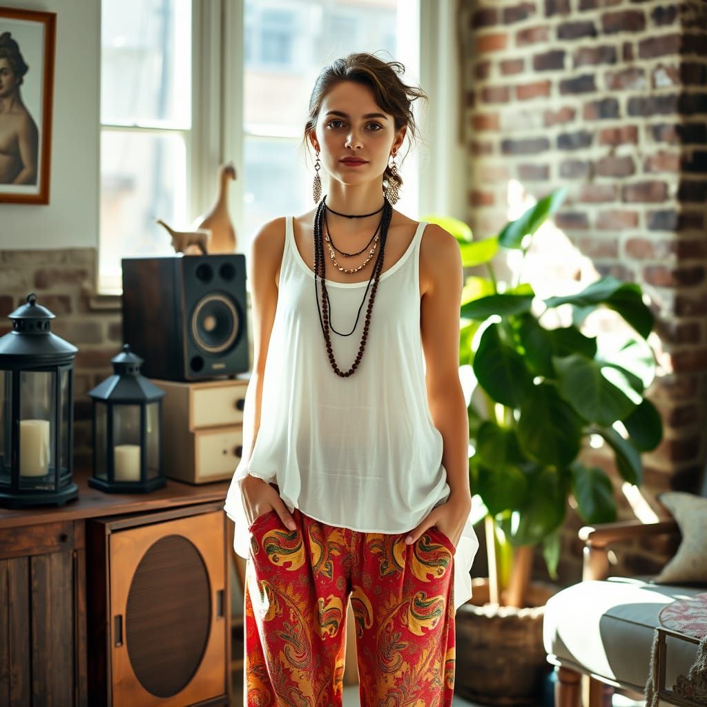 Confident Bohemian Woman in Sunlit Room