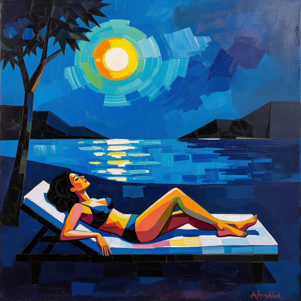 Surreal Sunbathing Woman in Expressionist Impasto Painting