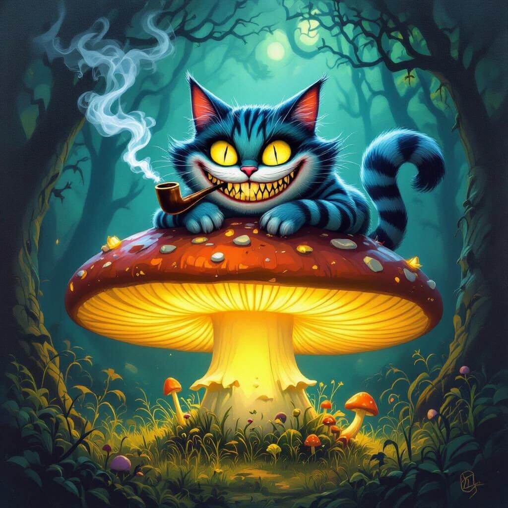 Mischievous Cheshire Cat Smoking Pipe on Bioluminescent Mush...