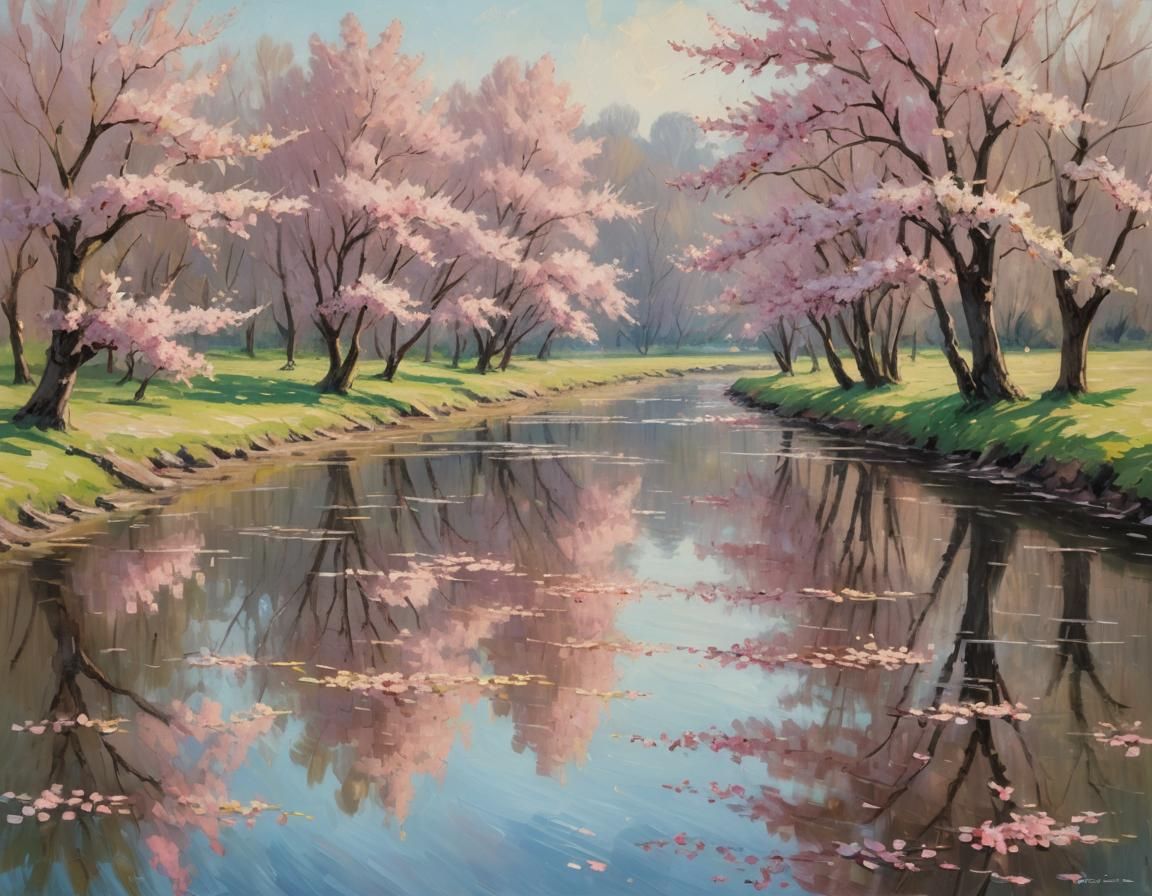 Pink Cherry Trees Impressionist Oil Painting