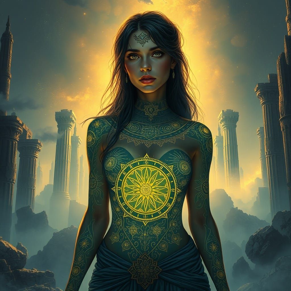 Celestial Tattooed Woman in Ethereal Ruins