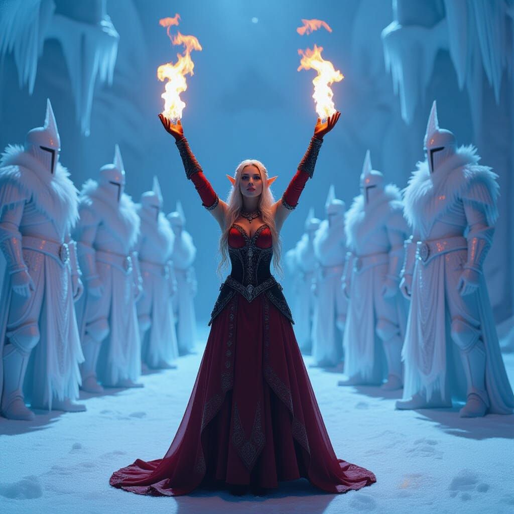 Fiery Elf Confronts Ice Knights in Frozen Arena