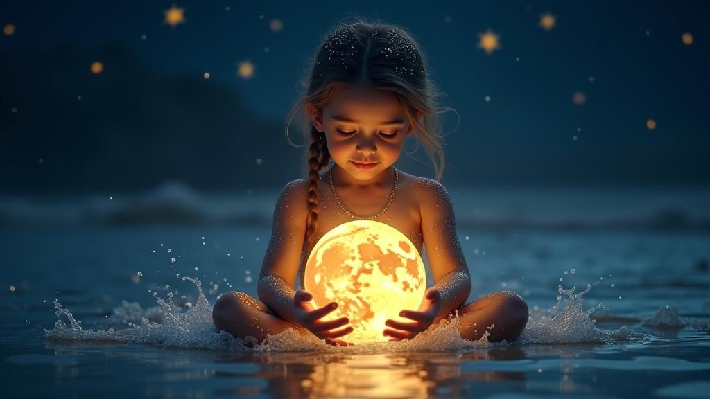 Luminescent Girl with Moon in Cosmic Night, Digital Art