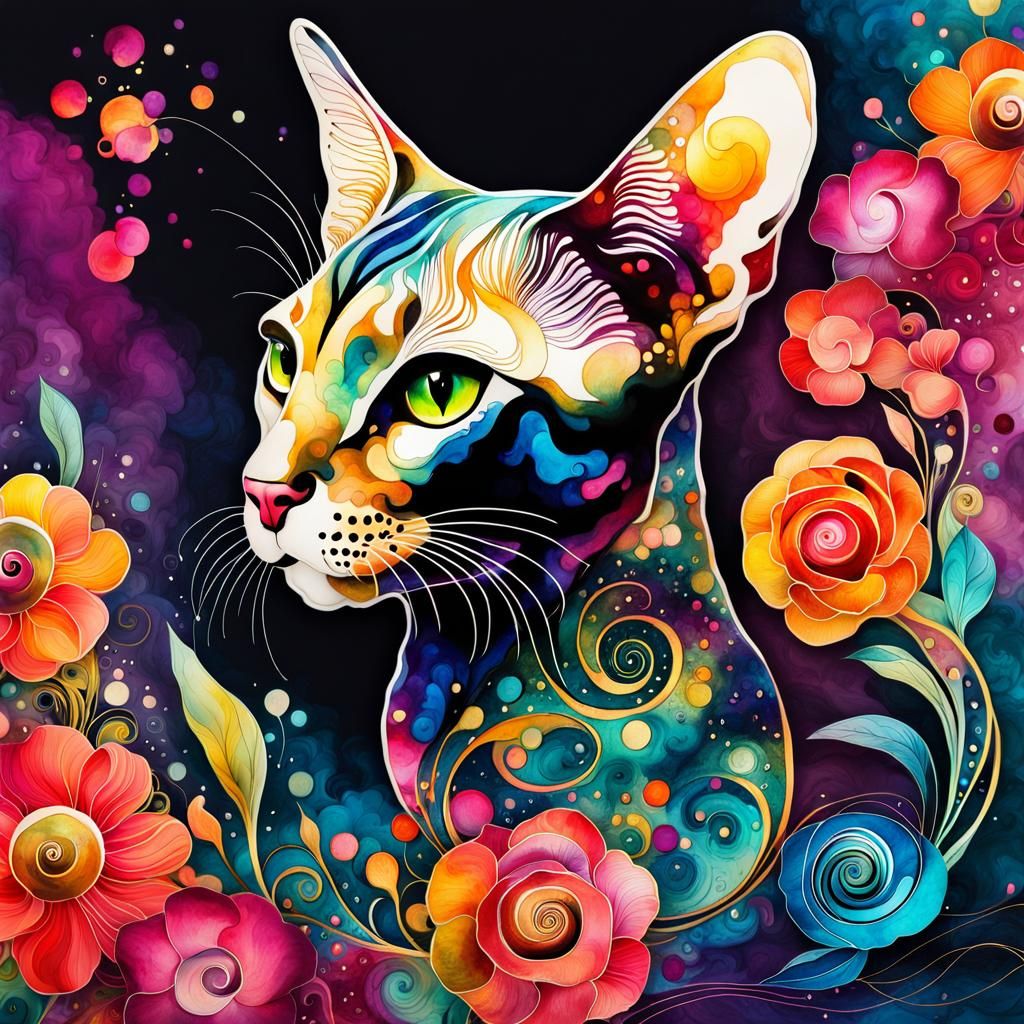 Whimsical Abstract Alcohol Ink Cat Illustration