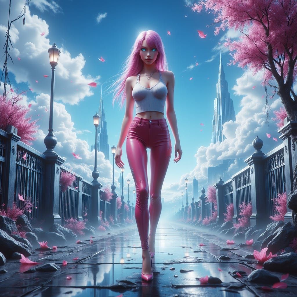 Determined Girl in Pink Leather on Riverwalk