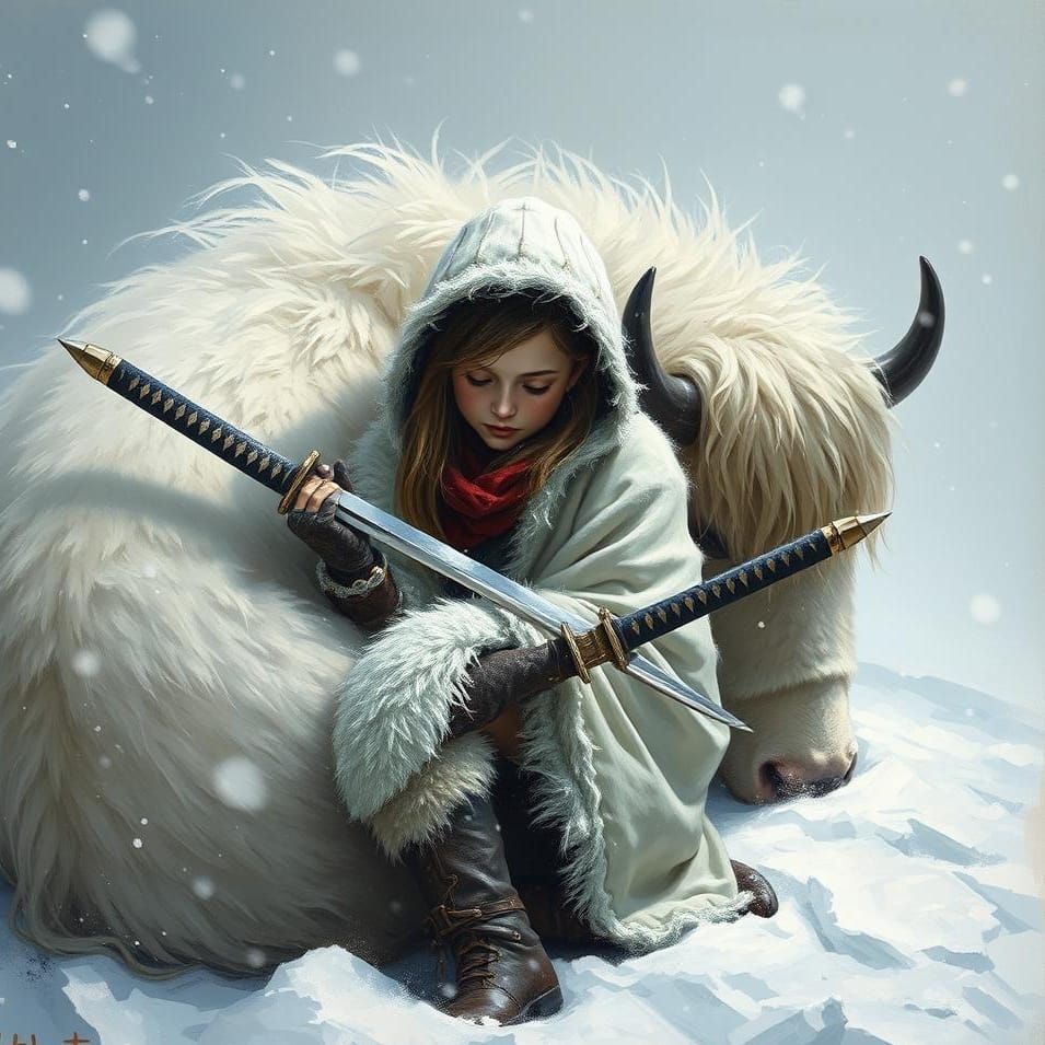 Girl and Yak in Blizzard, as Oil Painting