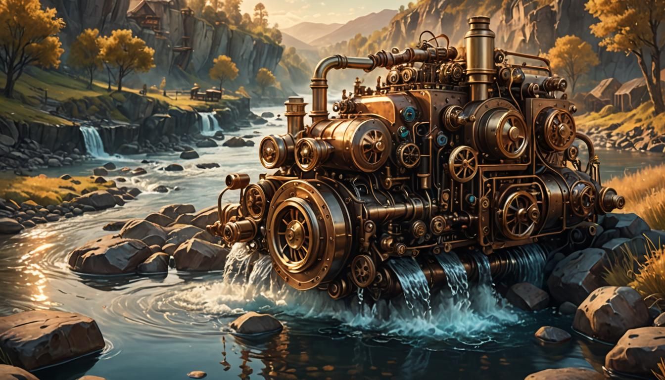 Steampunk River with Flowing Music Notes