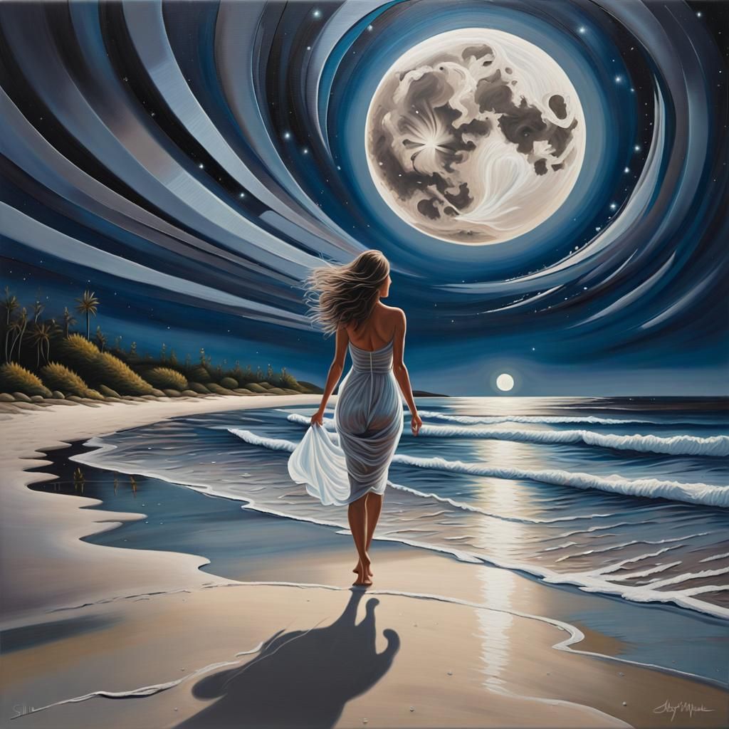 Woman Walking Toward Moonlit Beach in Acrylic Style