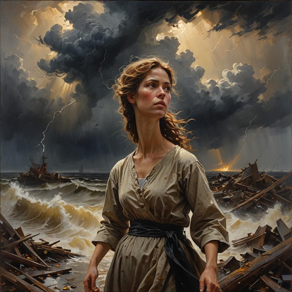 Woman in Storm, Oil Painting with Chiaroscuro