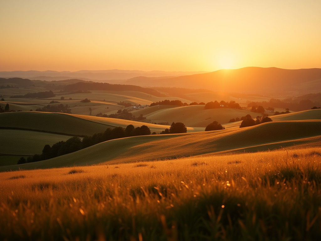 Golden Dusk Over Rolling Countryside Landscape