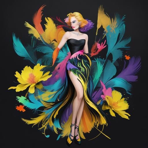 Abstract Expressionist Woman with Flowers and Feathers