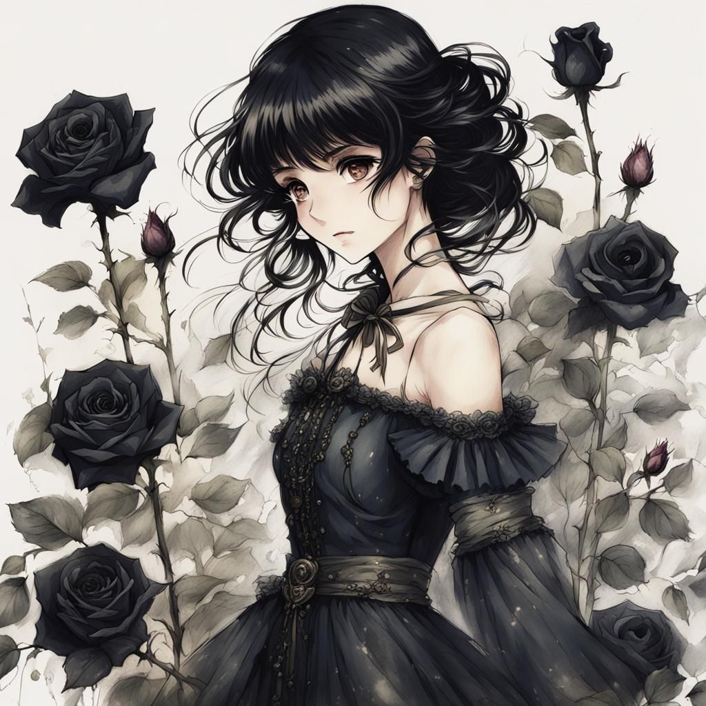 Anime Girl Surrounded by Black Roses