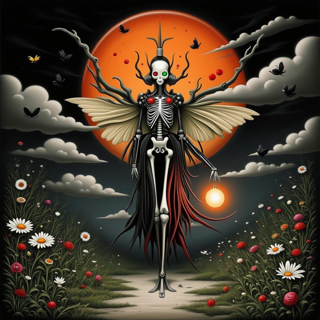 Skeletal Figure in Overgrown Garden at Night