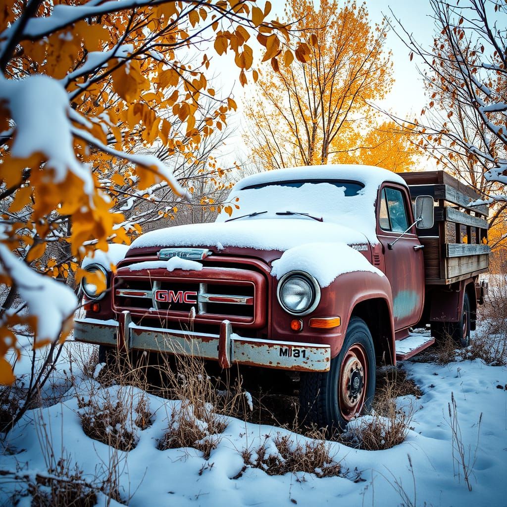 Old GMC Truck in Autumn Snow HDR Photo