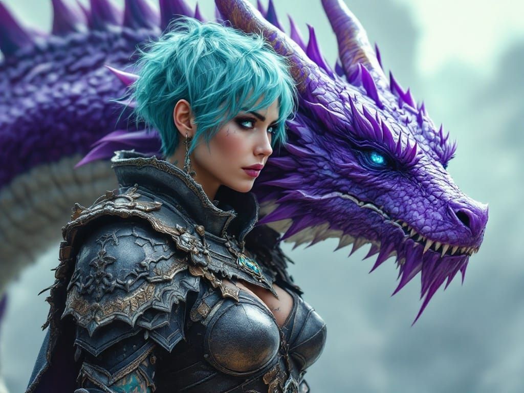 Cyberpunk Warrior and Dragon in Full Armor
