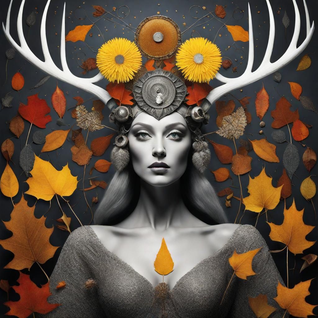 Autumn Goddess in Dandelion Dreamscape, Surreal Illustration
