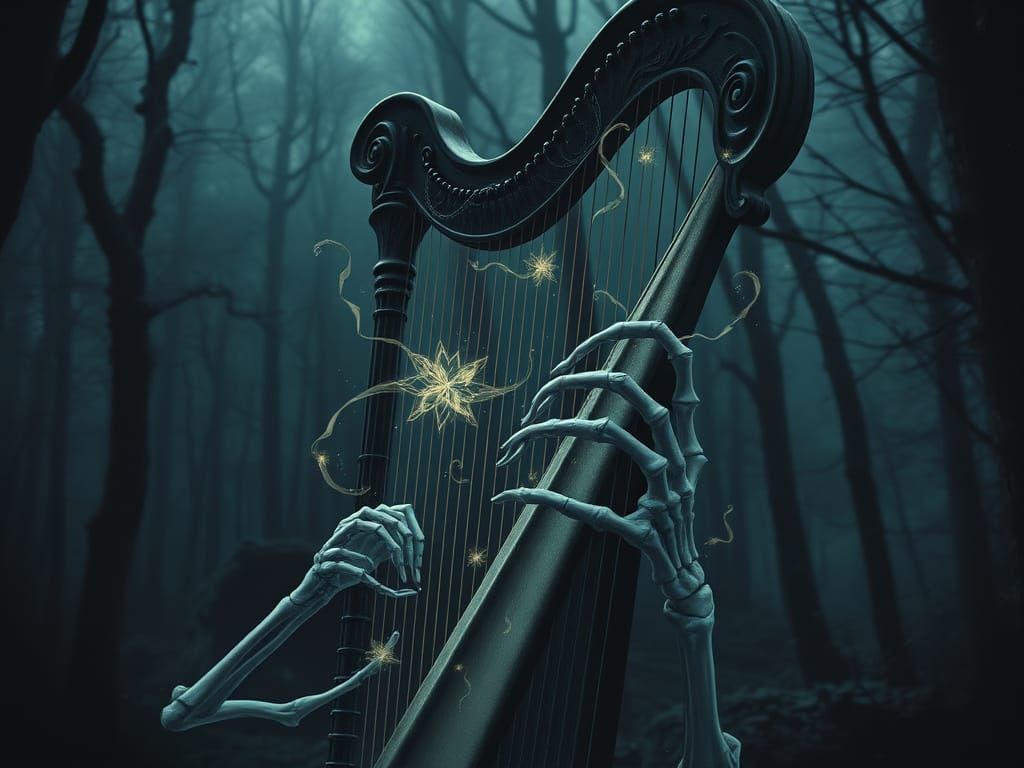 Skeletal Hand Plays Spectral Harp in Enchanted Forest