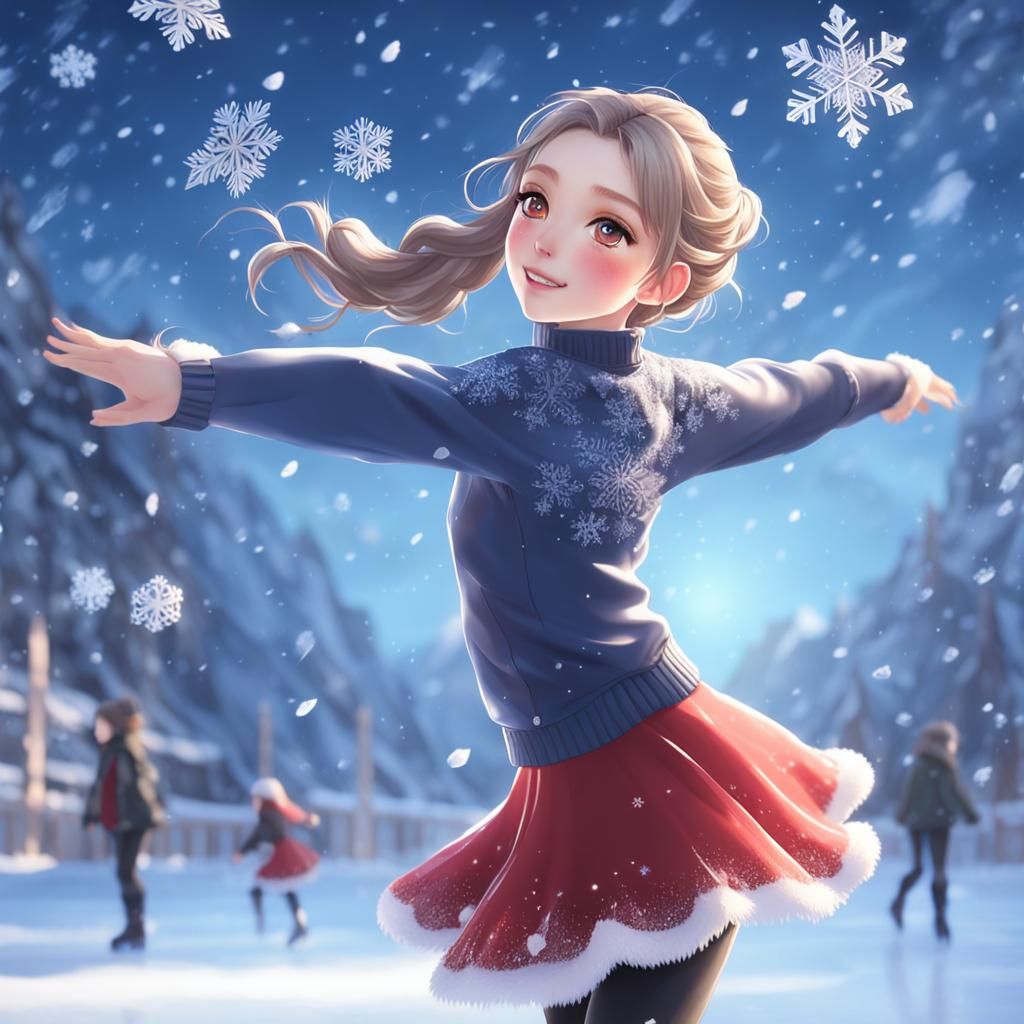 Figure Skater in Anime Style with Snowflakes