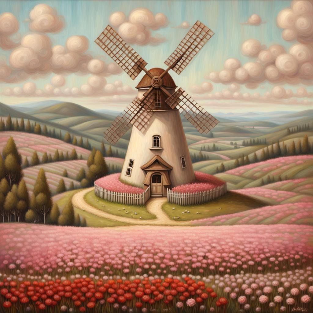 Windmill in Flower Field: Mark Ryden Style Painting