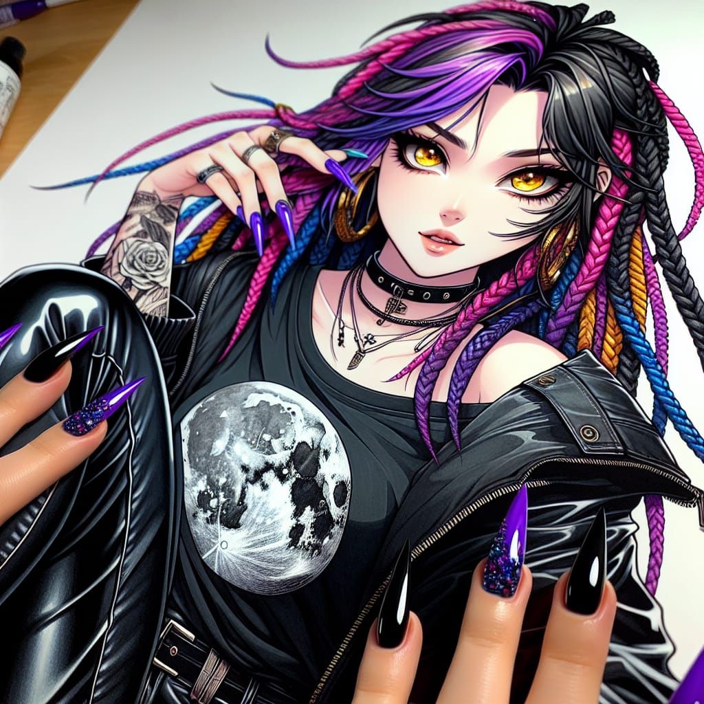 Anime-Inspired Woman with Braided Hair and Moon Tattoo