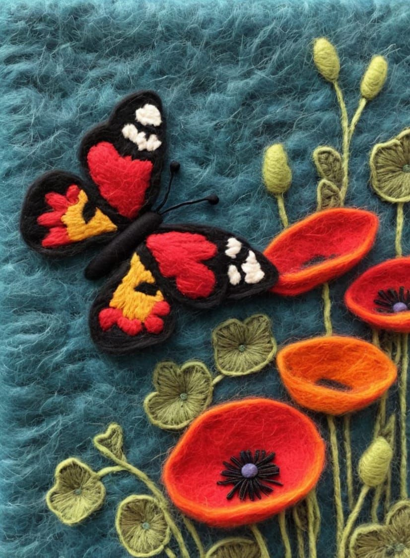 Colorful Butterfly on Poppy: Woollen Felt Art