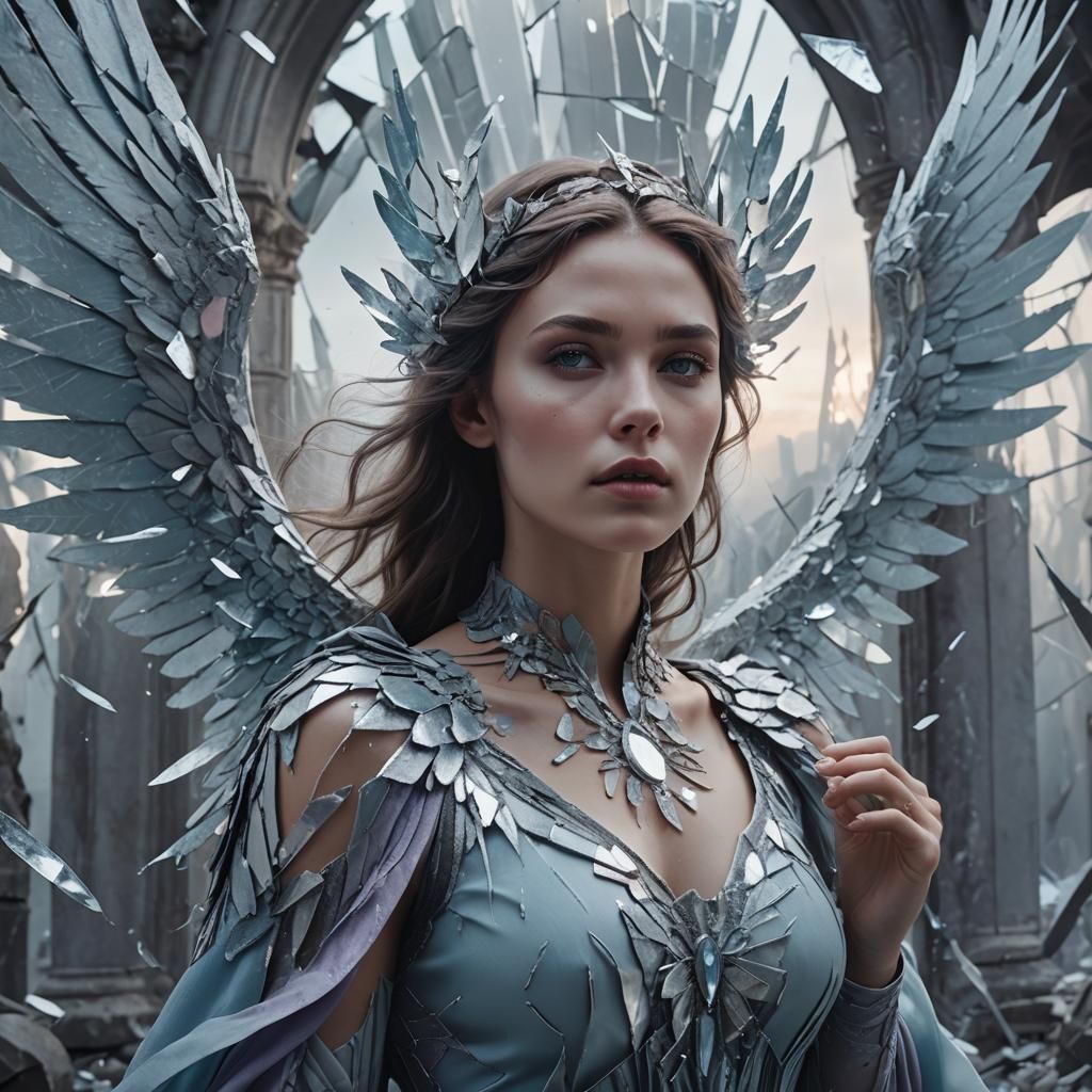 Shattered Mirror: Surreal Woman with Wings