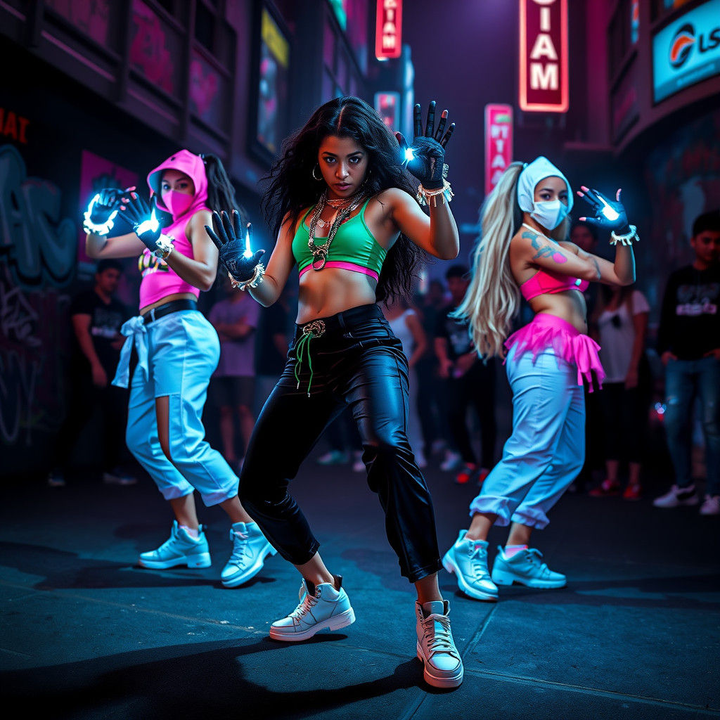 Dynamic Urban Dancers in Neon Cityscape