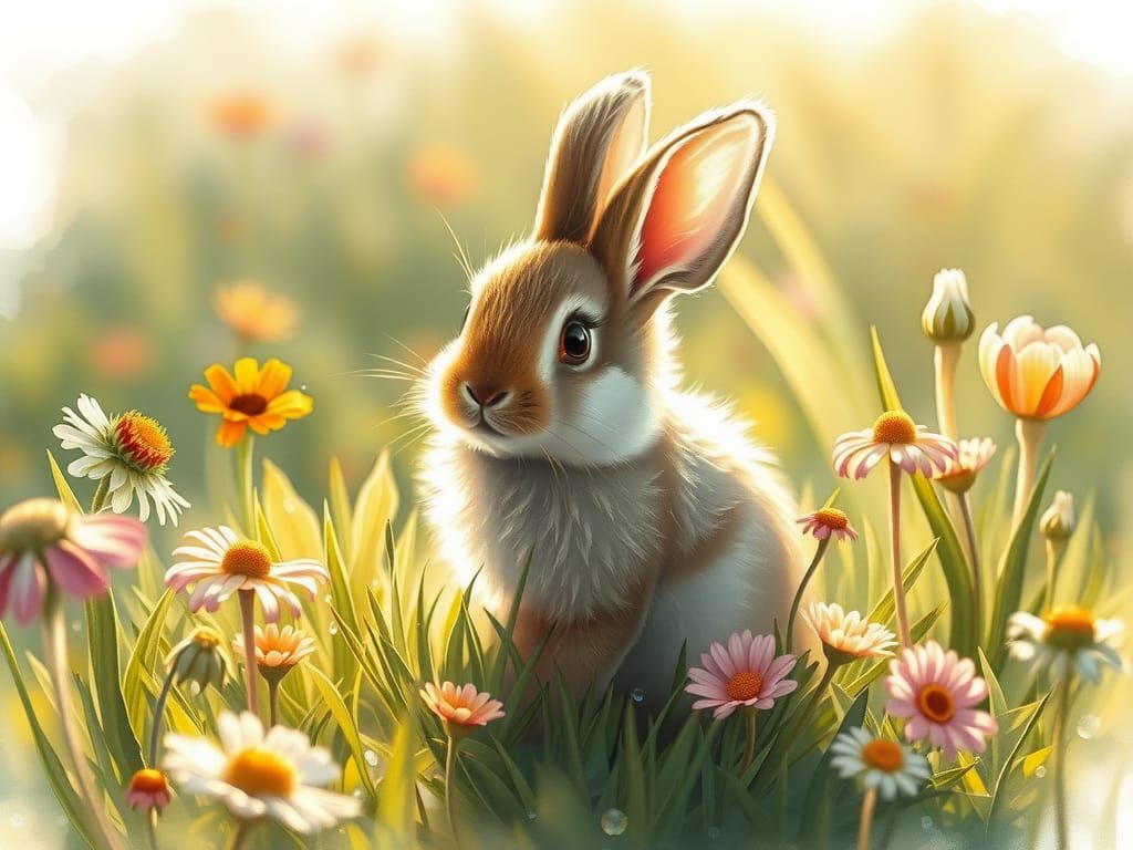 Bunny in Meadow: Whimsical Watercolor Illustration