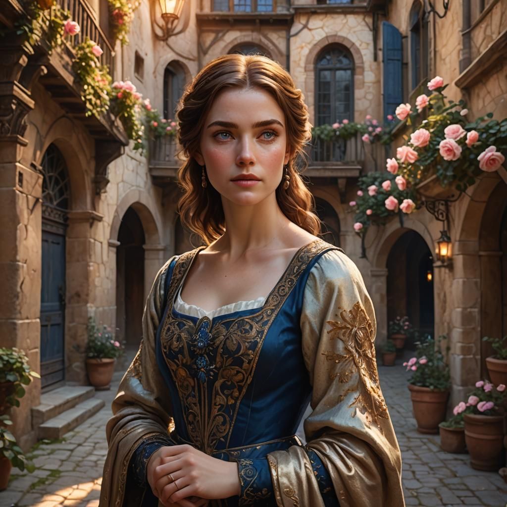Renaissance Woman in Sunlit European Courtyard