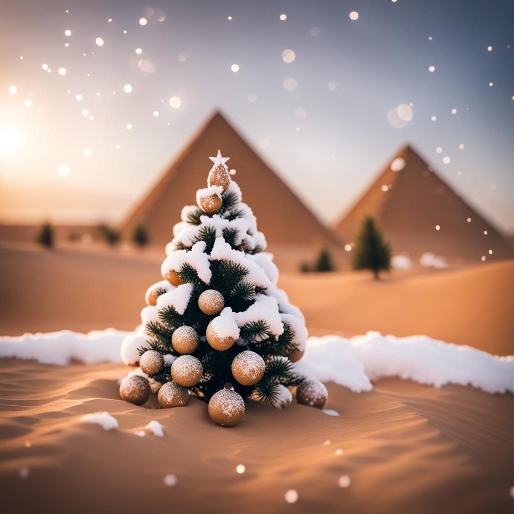 Surreal Sahara Snow Scene with Christmas Tree