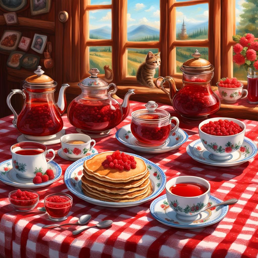 Pancakes, Cat, Samovar, Caviar, and Tea Still Life