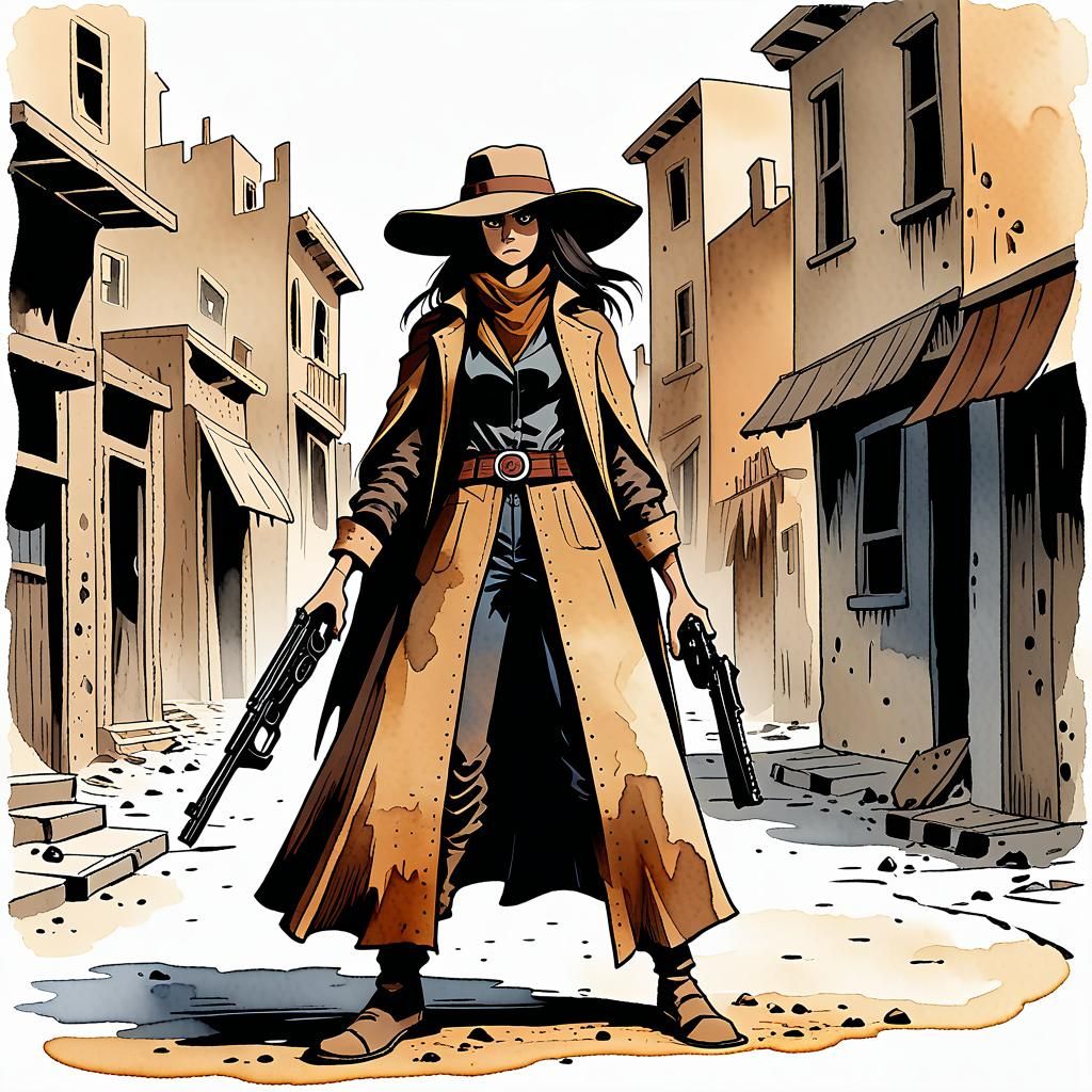 Female Gunslinger Ready for Action: Watercolor Comic Art