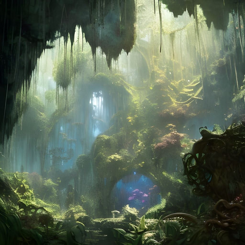 Lush Fantasy Mansion Cavern in Deep Forest