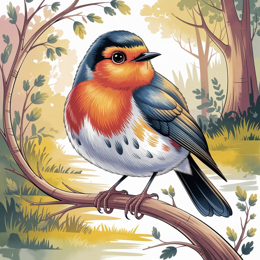 Majestic Robin Perched on Branch, Watercolor Illustration