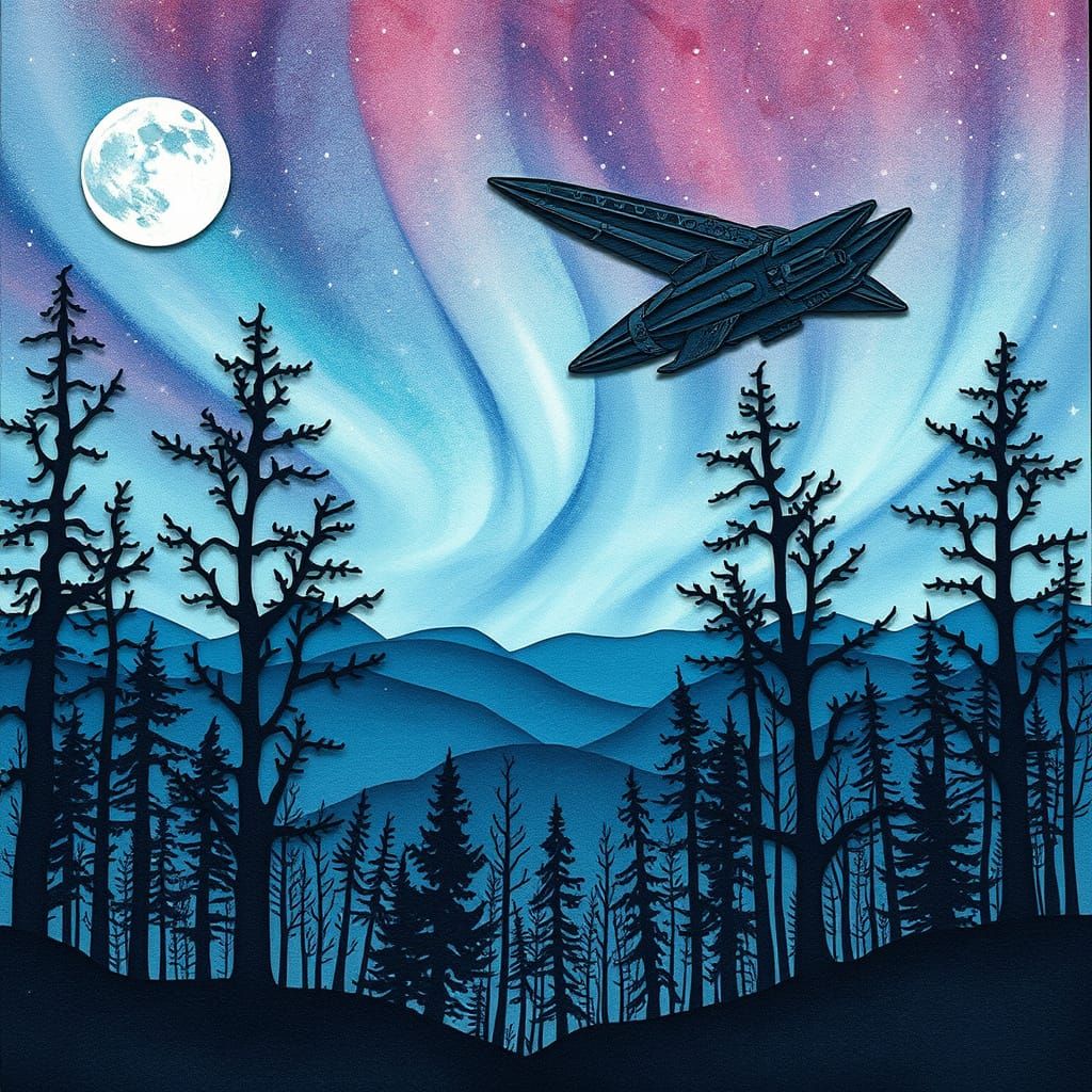 Surreal Cosmic Landscape with Majestic Spaceship and Silhoue...