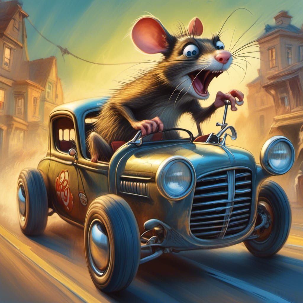 Rat Fink Driving Gasser Car in Detailed Pencil Sketch