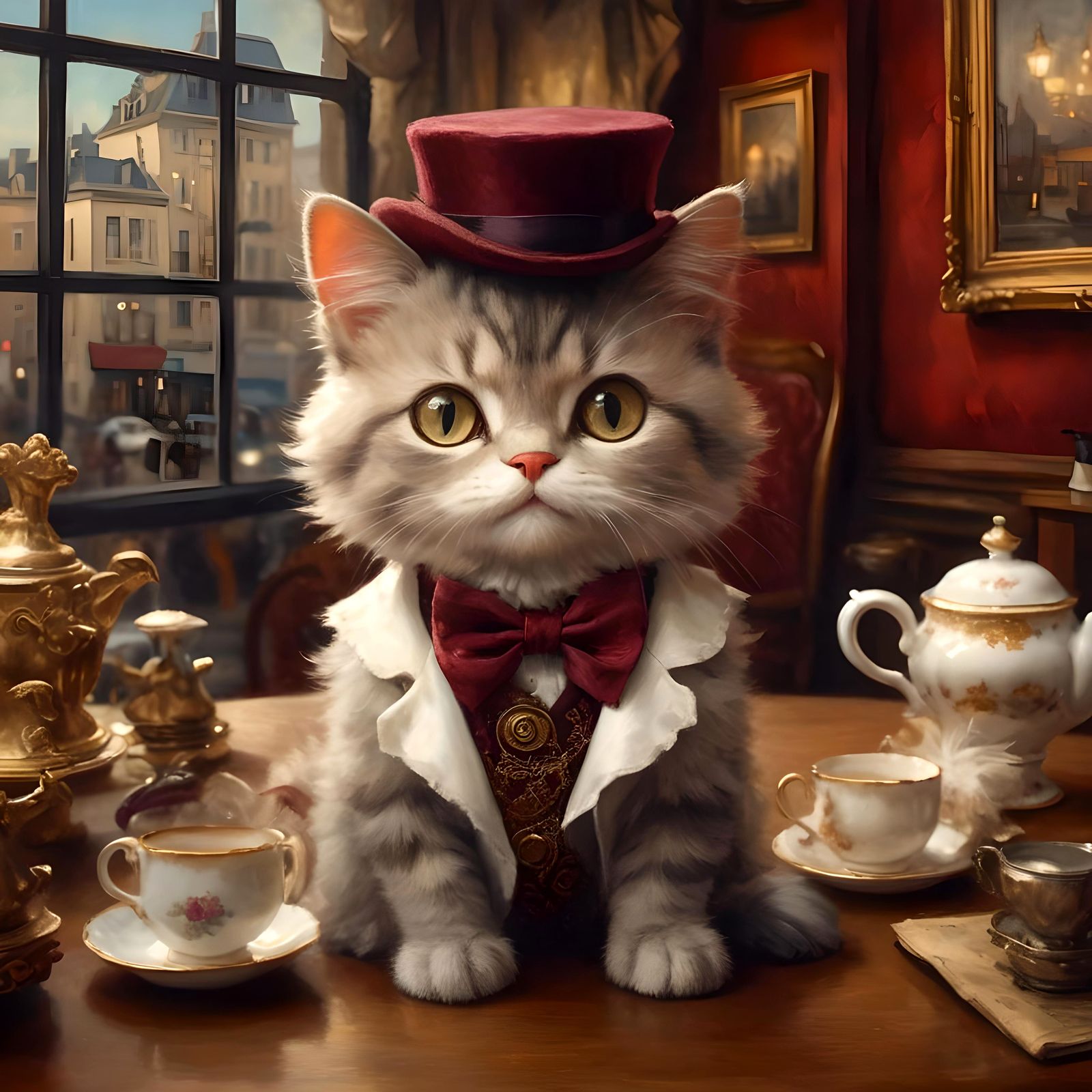 Cat at Tea Party in Top Hat and Bow Tie