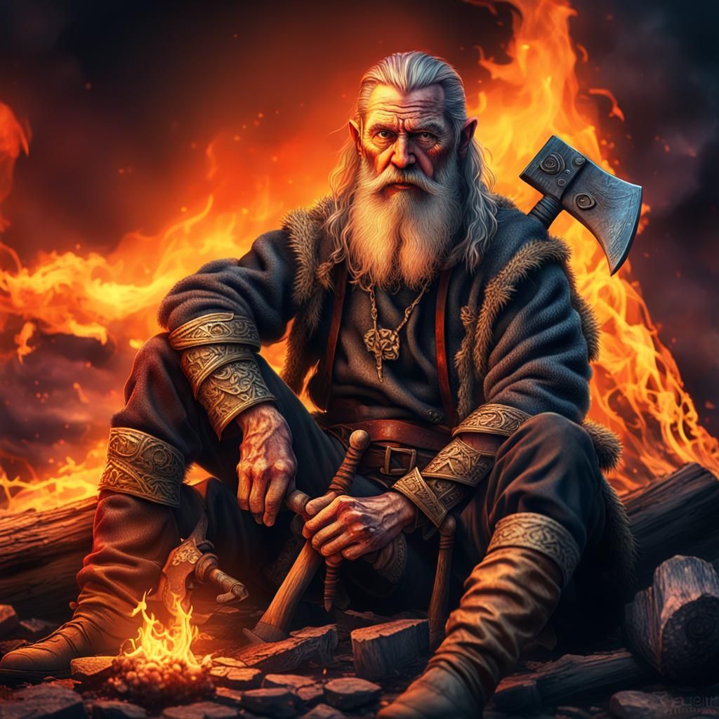 Old Viking Resting by Firelight in Hyperreal Detail