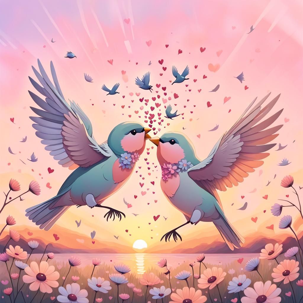 Love Birds Dancing in Pastel Colors at Sunset
