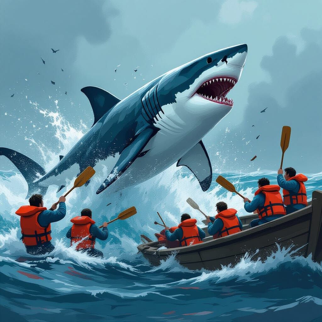 Great White Shark Attacks Boat in Chaotic Ocean Scene