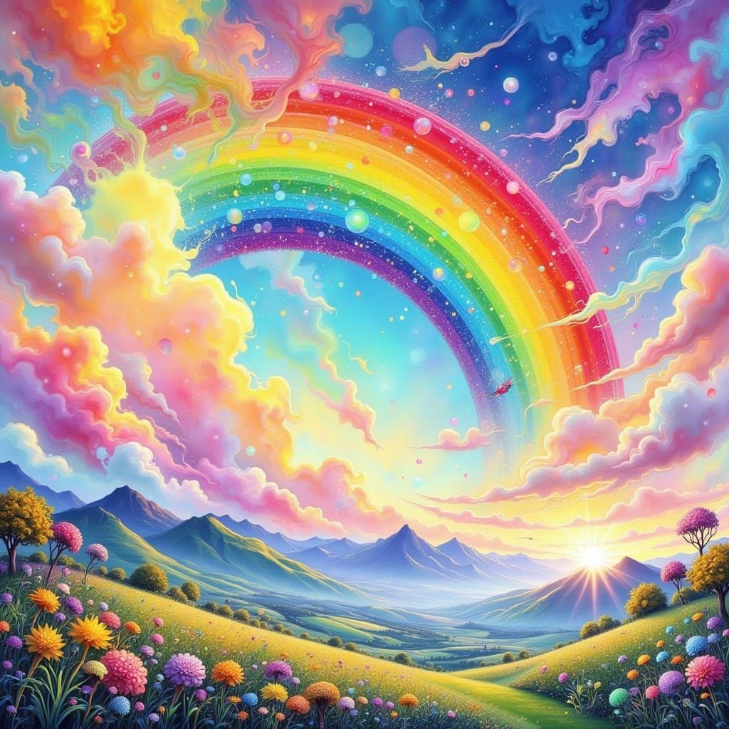 Whimsical Rainbow Dreamscape in a Vibrant, Multicolored Wate...