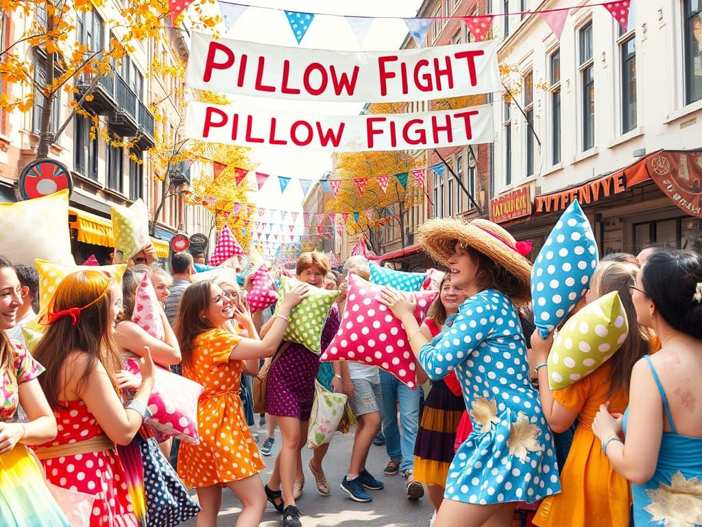 Vibrant Pillow Fight Celebration in Whimsical Watercolor Sty...