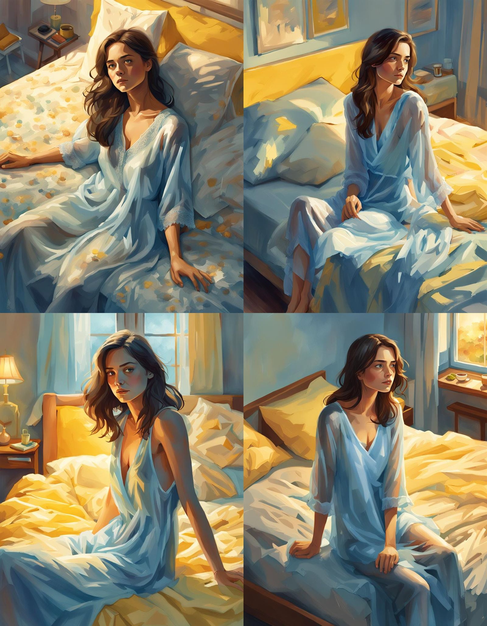 Brunette Woman in Blue Nightgown on Bed
